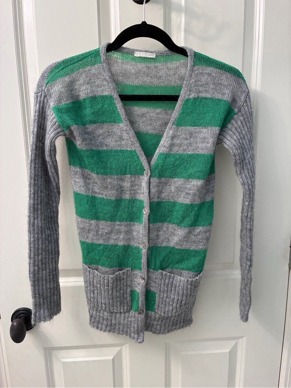 Elsy Green and Gray Horizontal Striped Knit Cardigan Sweater